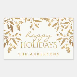 Happy Holidays Gold Shimmer Holly Branches Rectangular Sticker