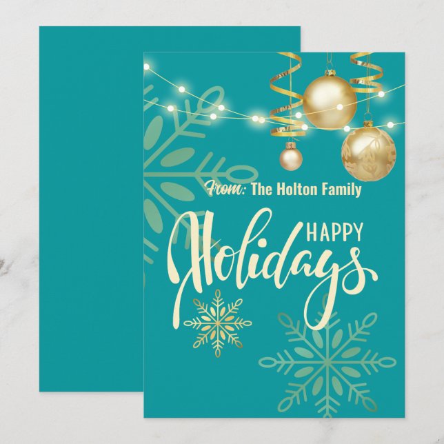 Happy holidays gold snow flakes and ornaments Xmas Invitation (Front/Back)