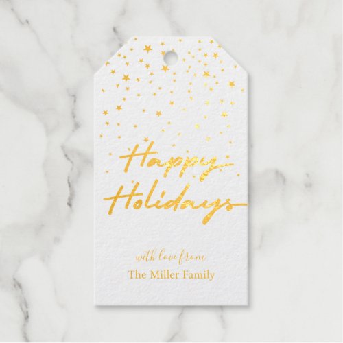 Happy Holidays Gold Stars Confetti Modern Elegant Foil Gift Tags