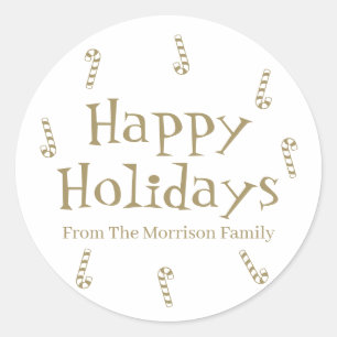 Happy Holidays gold white custom name gift favor Classic Round Sticker