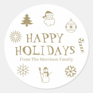 Happy Holidays gold white custom name gift favor Classic Round Sticker