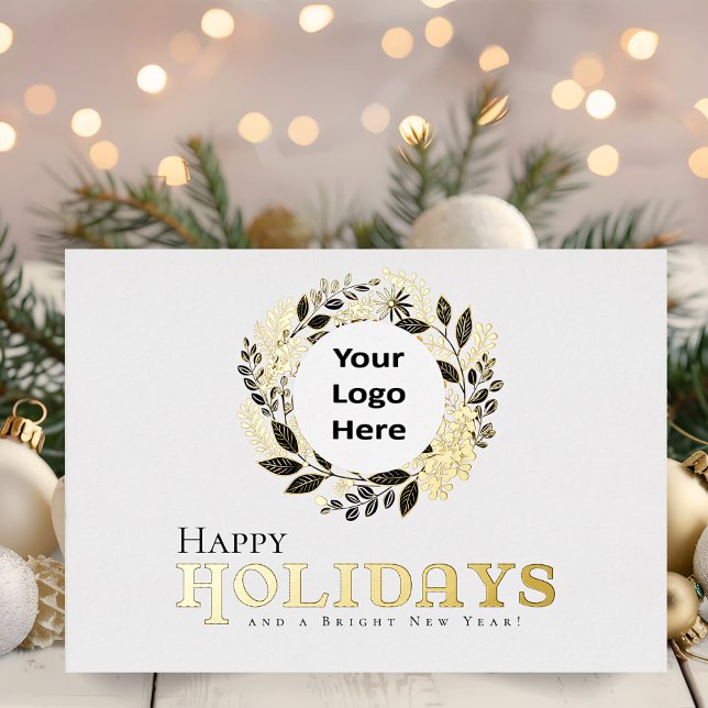 Happy Holidays Gold Wreath Business Christmas Foil Holiday Card (Happy Holidays Corporate Christmas Card in Black and Gold Foil for employees, clients, and customers)