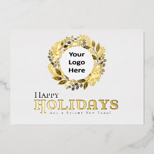 Happy Holidays Gold Wreath Business Christmas Foil Holiday Card