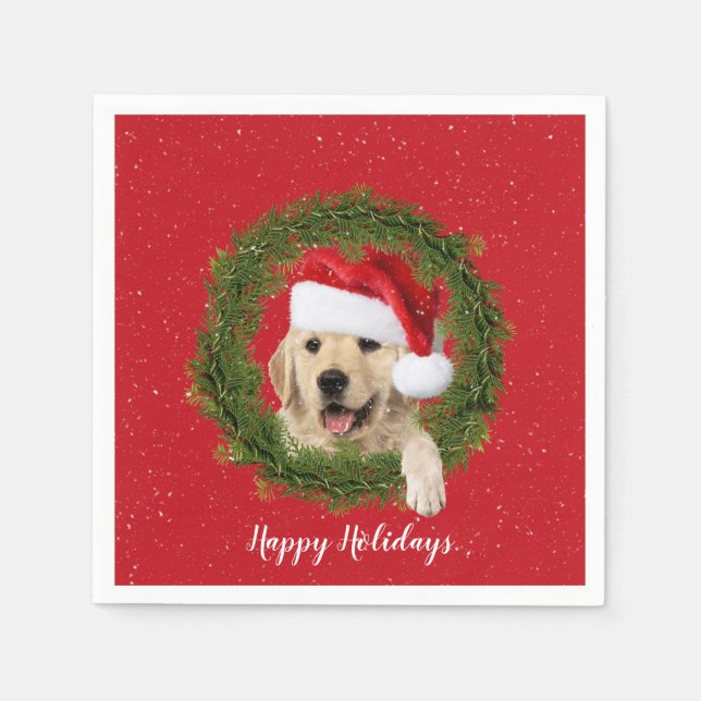 Happy Holidays Golden Retriever in wreath Napkins (Front)