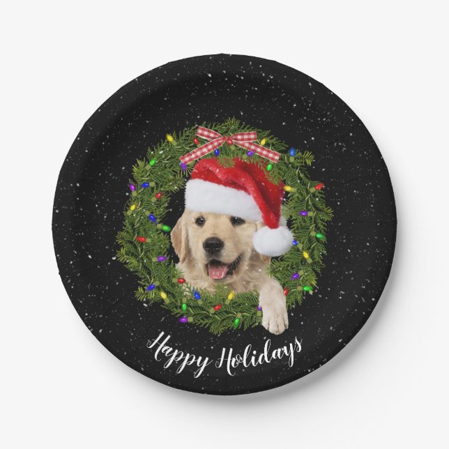 Happy Holidays golden retriever Paper Plates (Front)