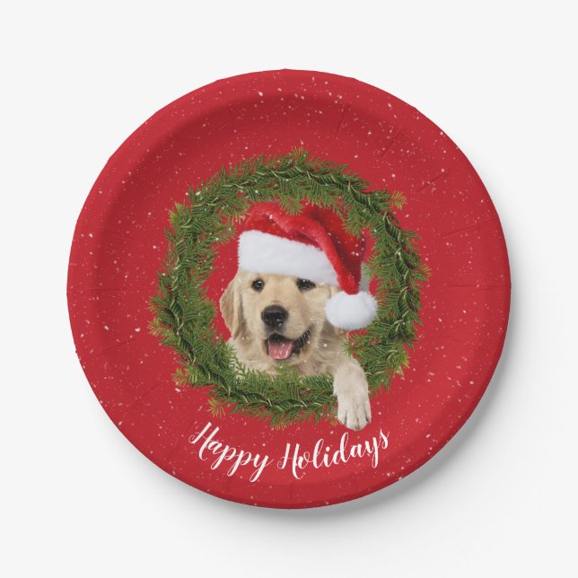 Happy Holidays Golden Retriever Paper Plates (Front)
