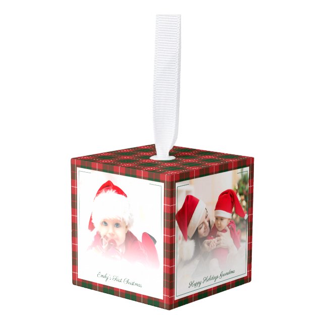 Happy Holidays Grandma Baby Photos Christmas Cube Ornament (Front Angled)