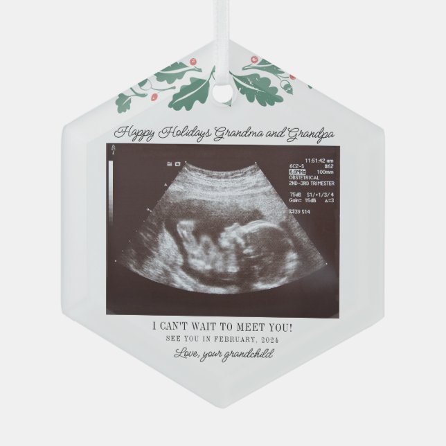 Happy Holidays Grandparents Pregnancy Ultrasound Glass Ornament (Front)