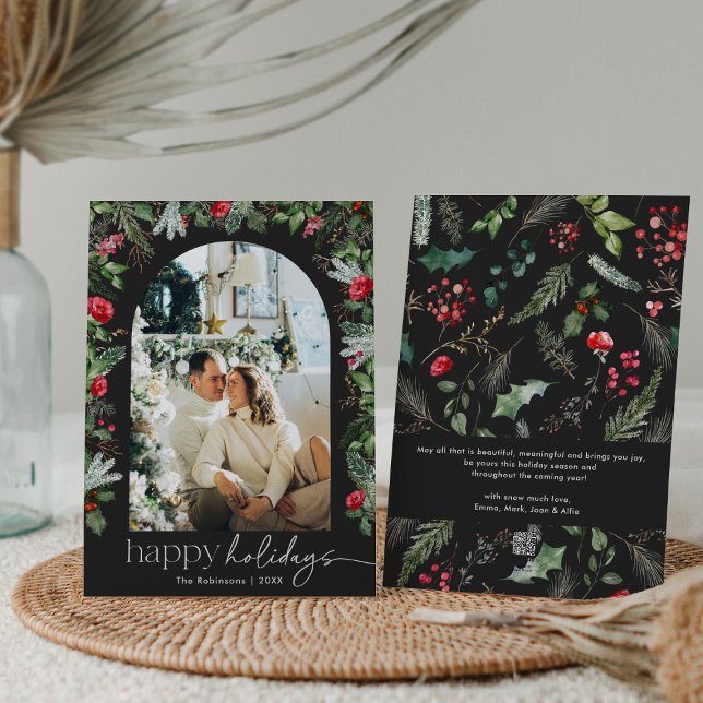 Happy Holidays Gray 1 Photo Botanical Arch Elegant Holiday Card (Creator Uploaded)