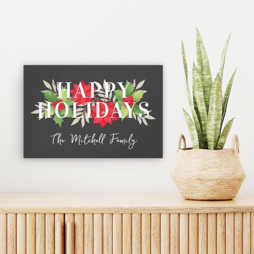 Happy Holidays Gray Christmas Floral Family Name Canvas Print