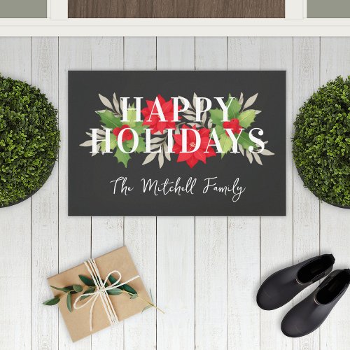 Happy Holidays Gray Christmas Floral Family Name Doormat