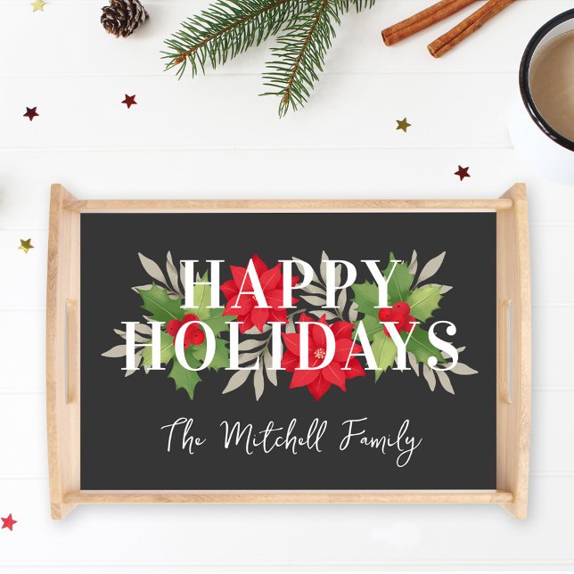 Happy Holidays Gray Christmas Floral Family Name Serving Tray (Creator Uploaded)