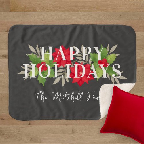 Happy Holidays Gray Christmas Floral Family Name Sherpa Blanket