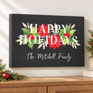 Happy Holidays Gray Holly Family Name Christmas Canvas Print