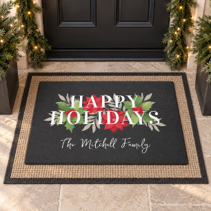 Happy Holidays Gray Poinsettia Family Name Doormat