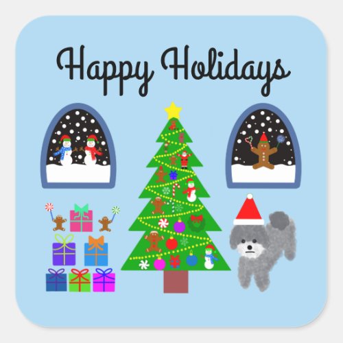 Happy Holidays Gray Poodle Christmas 4_2 Stickers
