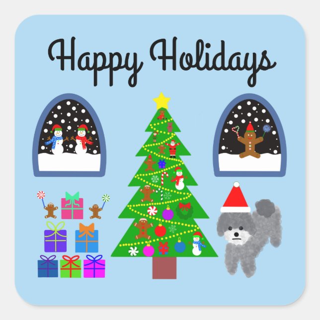 Happy Holidays Gray Poodle Christmas #4-2 Stickers (Front)
