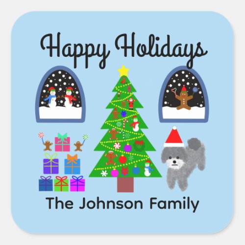 Happy Holidays Gray Poodle Christmas 4 Stickers