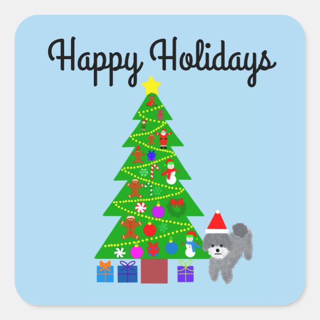 Happy Holidays Gray Poodle Christmas #5-2 Stickers (Front)
