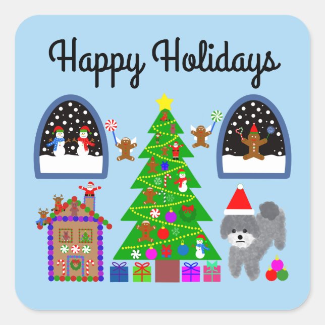 Happy Holidays Gray Poodle Christmas #6-2 Stickers (Front)
