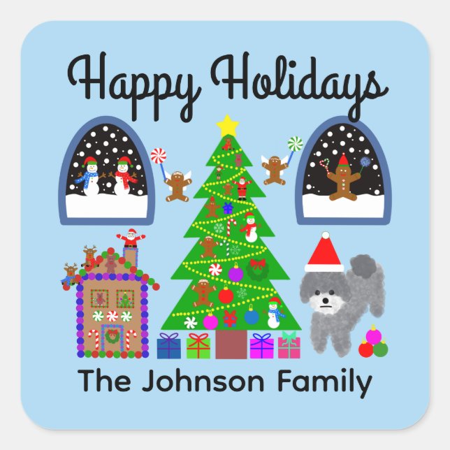 Happy Holidays Gray Poodle Christmas #6 Stickers (Front)