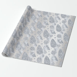 Happy Holidays Gray Silver Glitter White Ball Bird Wrapping Paper