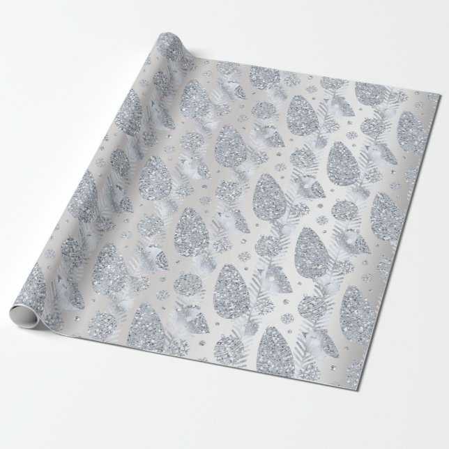 Happy Holidays Gray Silver Glitter White Ball Bird Wrapping Paper (Unrolled)