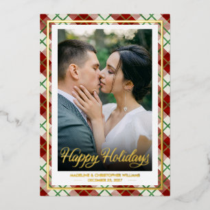 Happy Holidays   Green and Red Plaid Couple Photo Foil Holiday Card