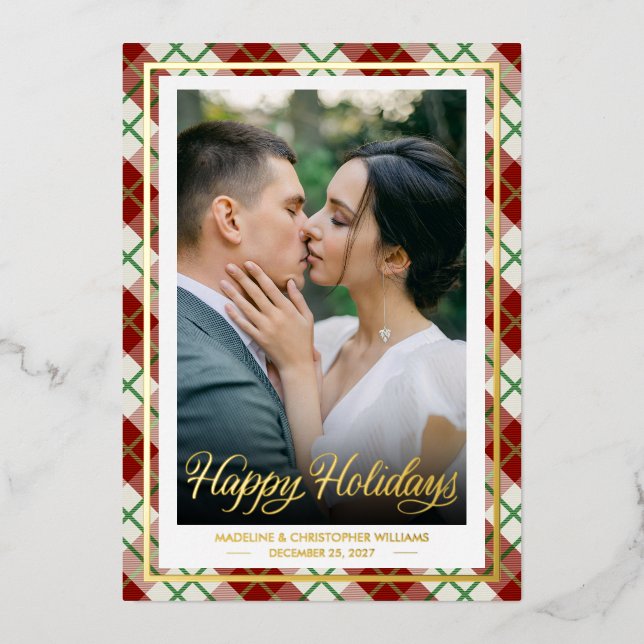 Happy Holidays | Green and Red Plaid Couple Photo Foil Holiday Card (Front)