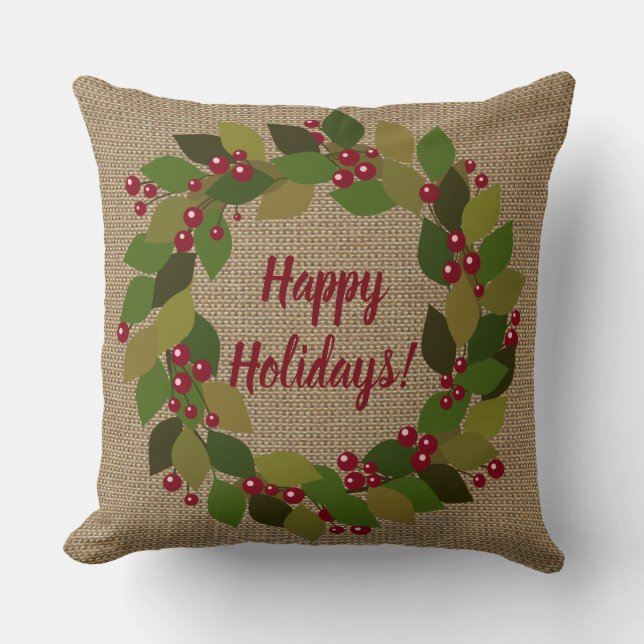 Happy Holidays! | Green and Red Wreath Holiday Throw Pillow (Front)