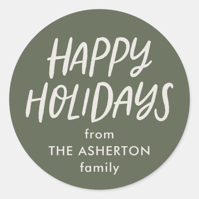 Happy holidays green beige simple gift classic round sticker (Front)