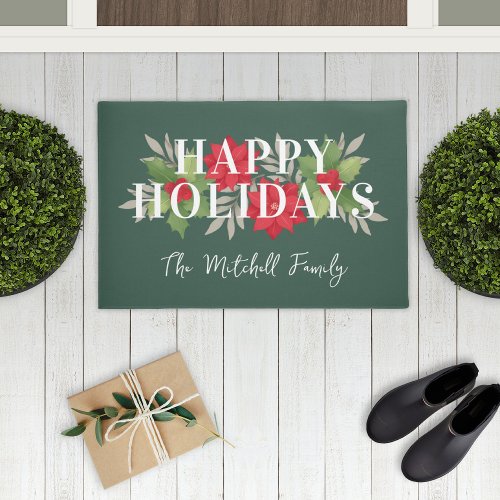 Happy Holidays Green Christmas Floral Family Name Doormat