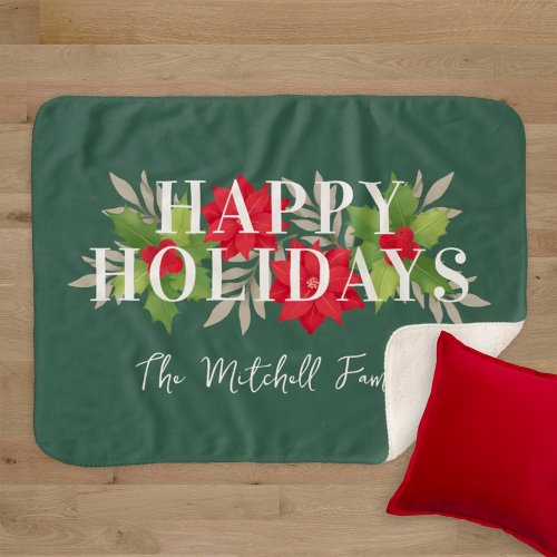 Happy Holidays Green Christmas Floral Family Name Sherpa Blanket