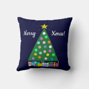 Happy Holidays Green Christmas Tree: Dark Blue Throw Pillow