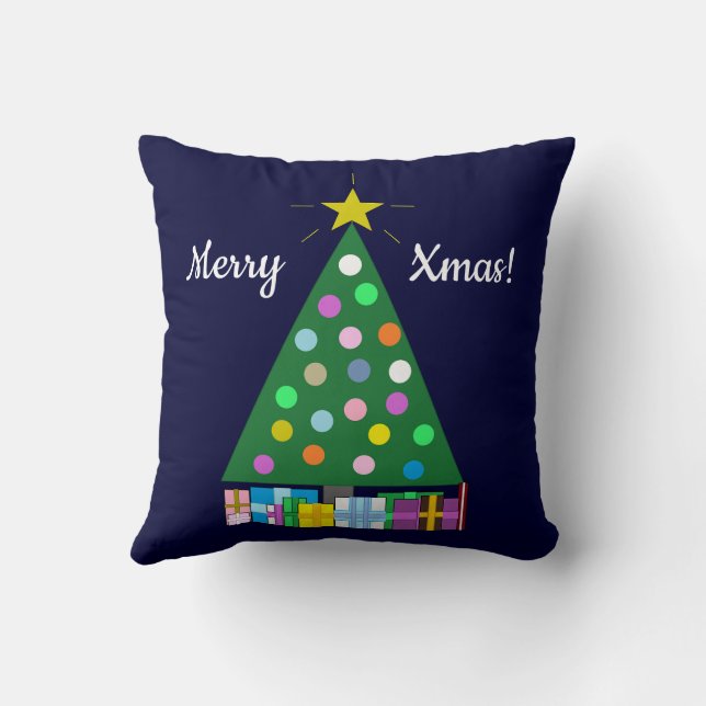 Happy Holidays Green Christmas Tree: Dark Blue Throw Pillow (Back)