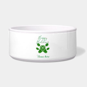 Happy holidays green dog pet paw candy cane animal bowl