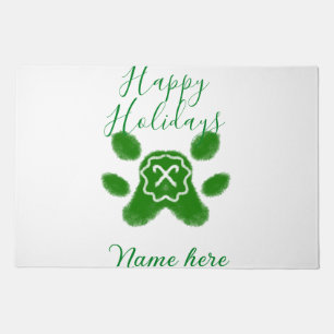 Happy holidays green dog pet paw candy cane animal doormat