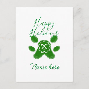 Happy holidays green dog pet paw candy cane animal holiday postcard