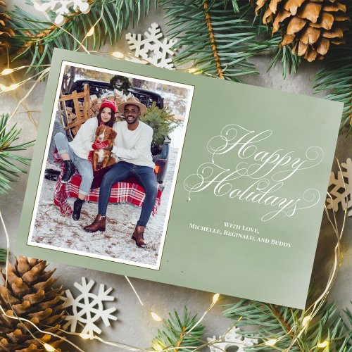 Happy Holidays Green Elegant Script Photo Holiday Card