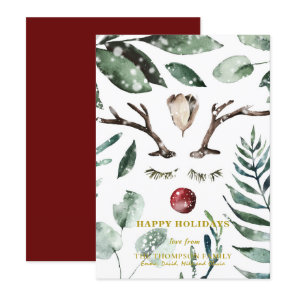 HAPPY Holidays | Green Foliage Reindeer Magnolia Holiday Card