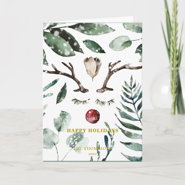 HAPPY Holidays | Green Foliage Reindeer Magnolia Holiday Card (Front)