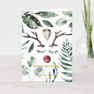 HAPPY Holidays Green Foliage Reindeer Magnolia Holiday Card