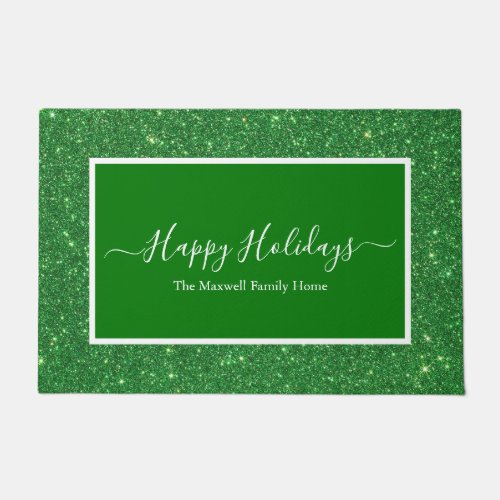 Happy Holidays green glitter family name  Doormat