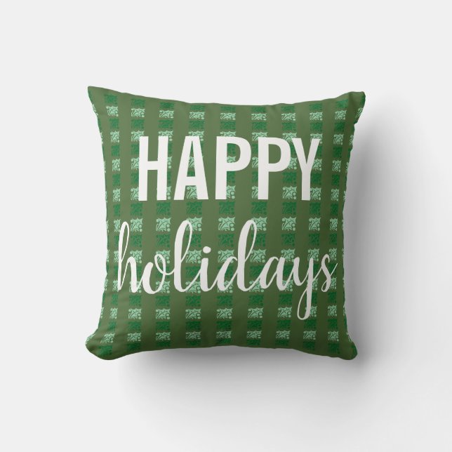 Happy Holidays Green Holly Checkered Throw Pillow (Front)