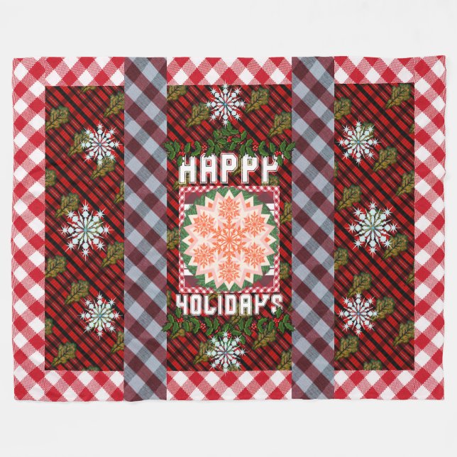 Happy Holidays Green Leaf Parade Fleece Blanket (Front (Horizontal))