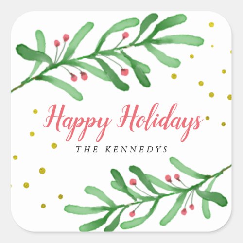 Happy Holidays Green Leaves Family Name Christmas  Square Sticker