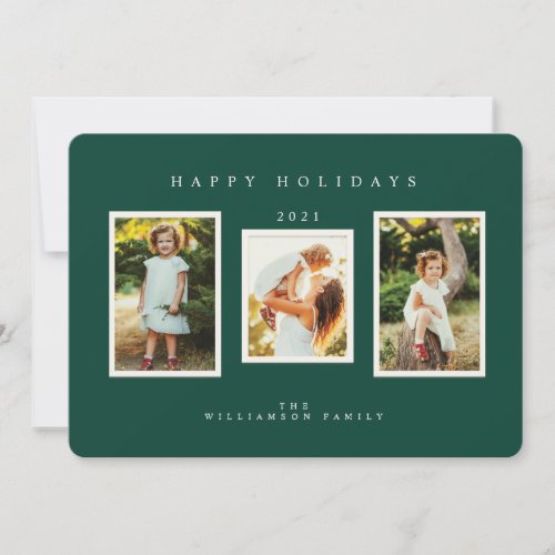 Happy Holidays Green Modern Minimal 3 Photo Holiday Card