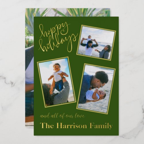 Happy Holidays Green Personalized 4 Photo  Foil Holiday Card