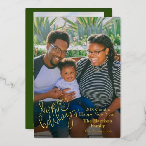 Happy Holidays Green Personalized Photo Gold Foil Holiday Card