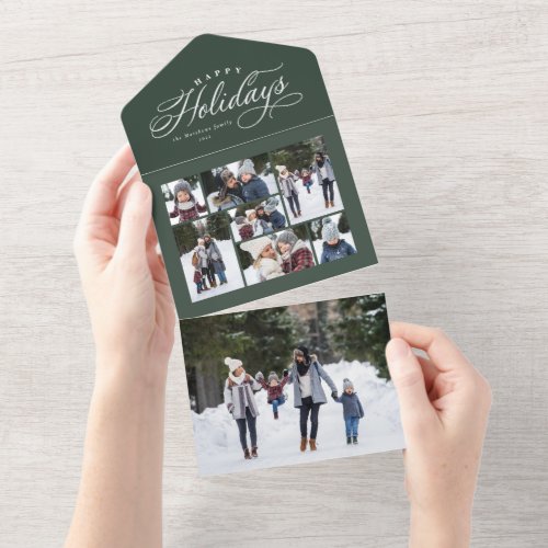 Happy holidays green photo collage unique trifold all in one invitation